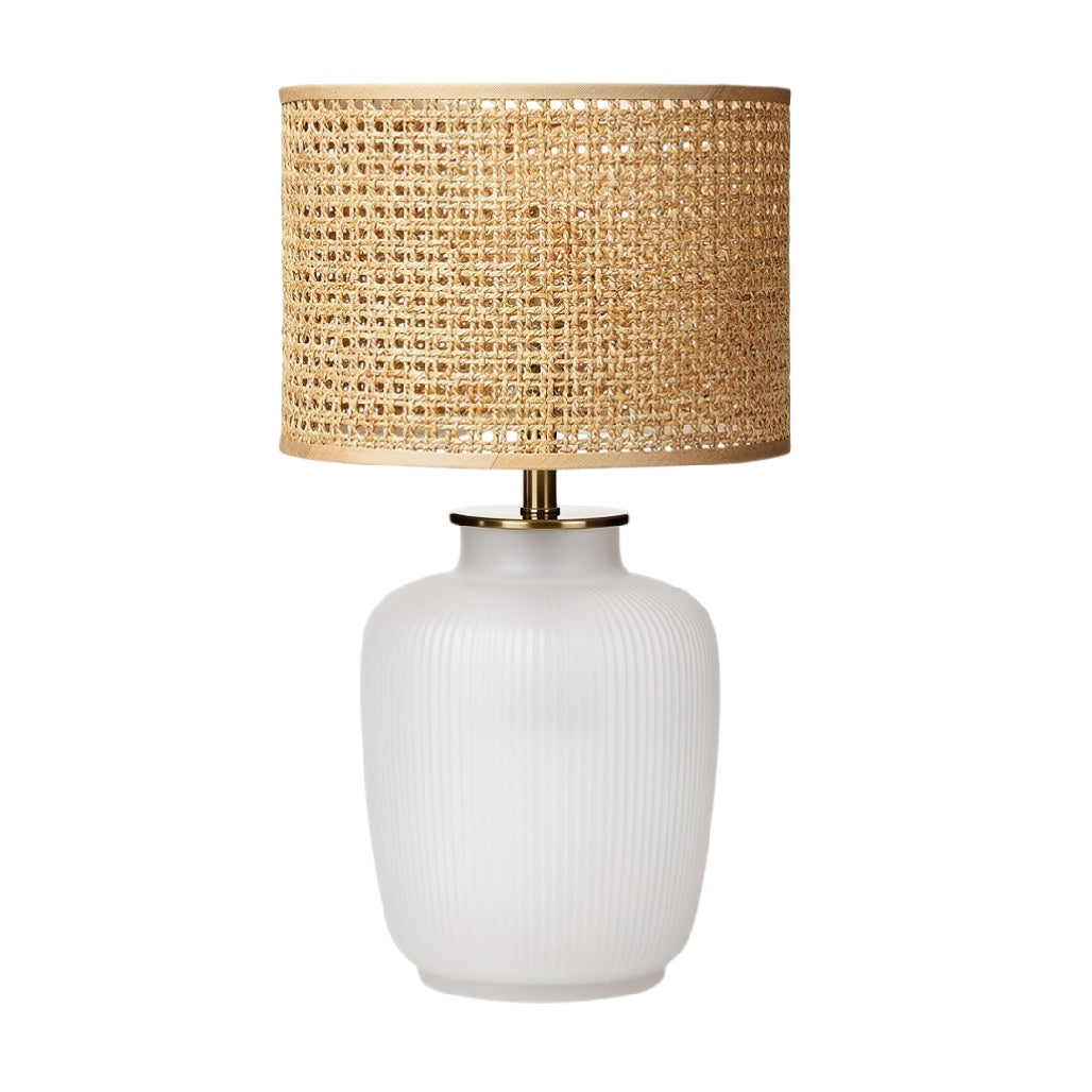 **Lampa stołowa z białego szkła i wplecionym kloszem**